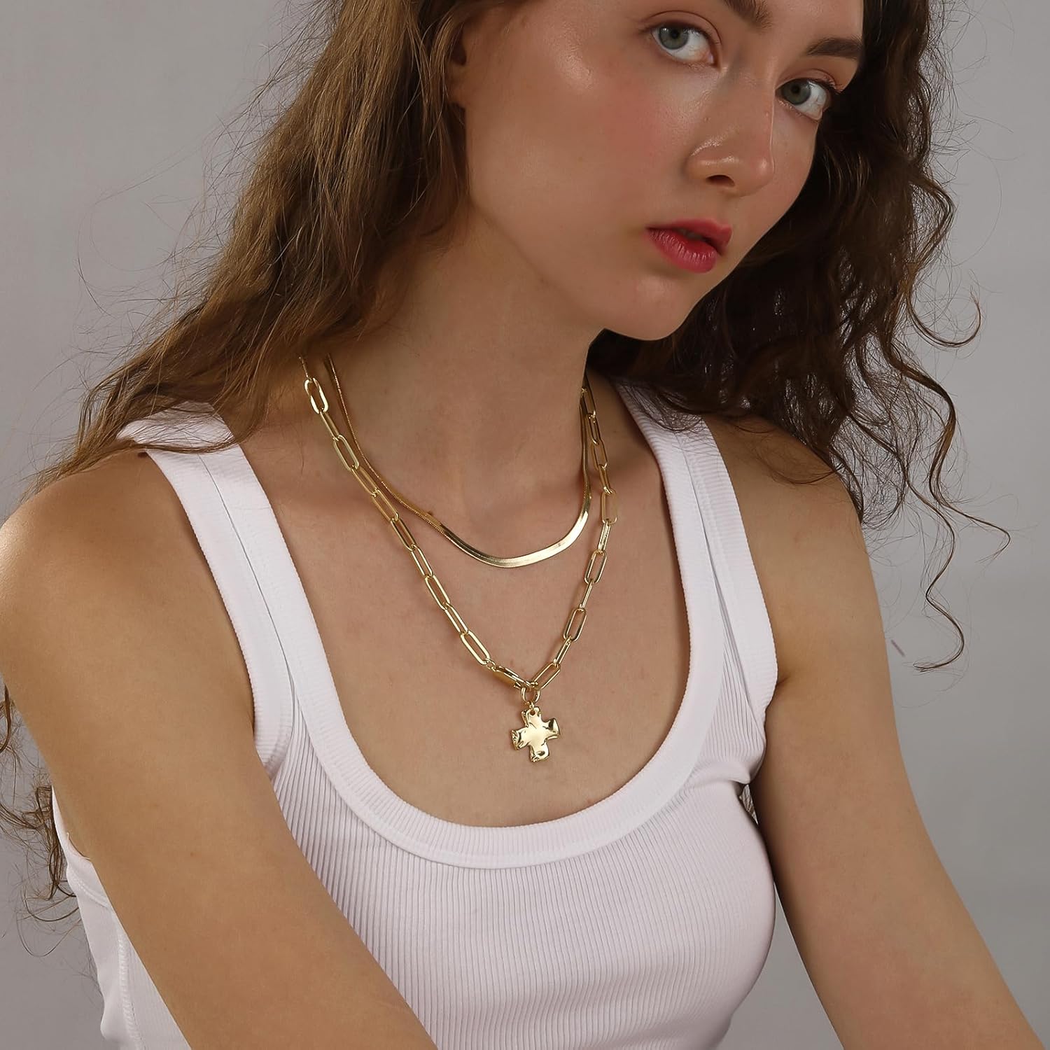 Bheop Chunky Cross Necklace for Women Trendy 14K Gold Silver Layered Statement Cross Pendant Charm Necklace Waterproof Paperclip Herringbone Snake Choker Chain Christian Jewelry Set Gift Non Tarnish