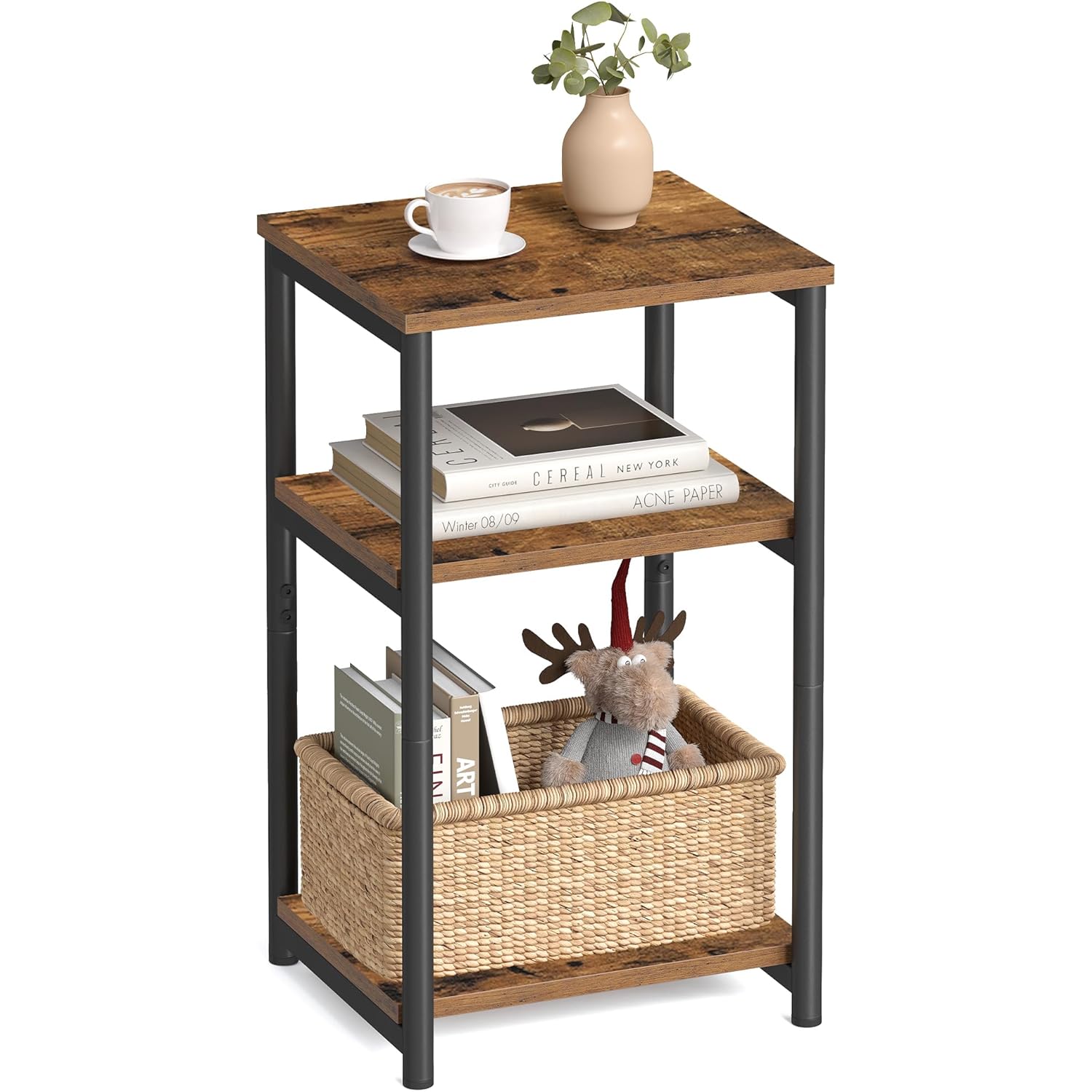 VASAGLE BARNET Collection - Side Table, Small End Table for Living Room, Modern Tall Nightstand, Bedroom, Office, Bathroom, Steel Frame, Rustic Brown and Ink Black ULET273B01