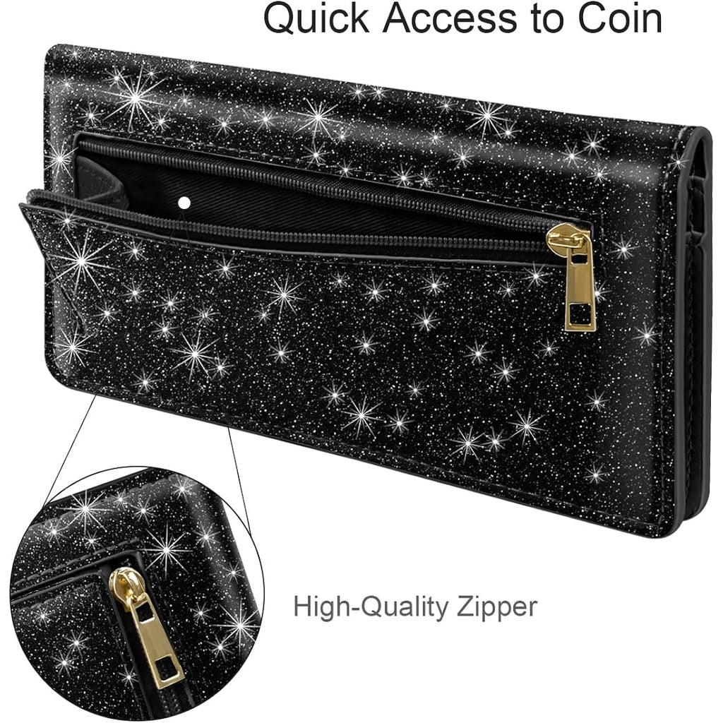 Ultra Slim Womens Wallet Minimalist Thin Long Leather Bifold Wallet RFID Blocking Card Holder Organizer with Zipper Coin Pocket Ladies Girls Gift Purse, Glitter Black