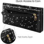 Ultra Slim Womens Wallet Minimalist Thin Long Leather Bifold Wallet RFID Blocking Card Holder Organizer with Zipper Coin Pocket Ladies Girls Gift Purse, Glitter Black
