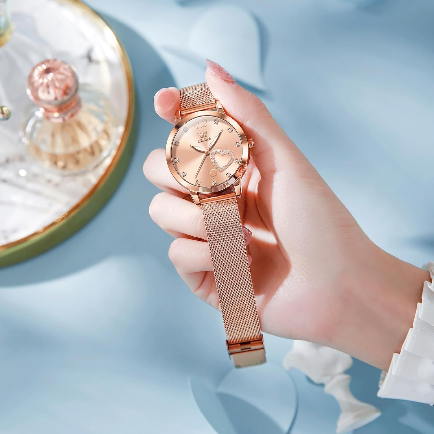 OLEVS Women's Small Wrist Rose Gold Tone Watch - Cute Diamond Heart Arabic Numerals Dial, Fashion Waterproof Mesh Bracelet Analog Dress for Ladies