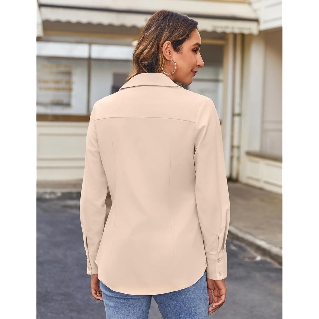 Women's Button Down Shirts Long Sleeve Dress Shirt Slim Fitted Work Tops Collared Dressy Casual Business Blouses
