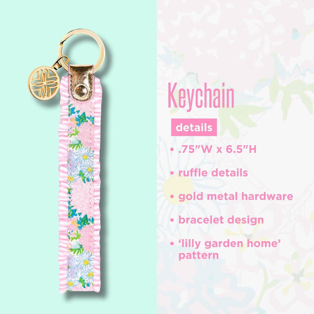 Lilly Pulitzer Cotton Strap Key Chain with Ruffle Edge, Cute Wristlet Keychain Accessory with Metal Ring and Logo Charm (Lilly Garden Home)