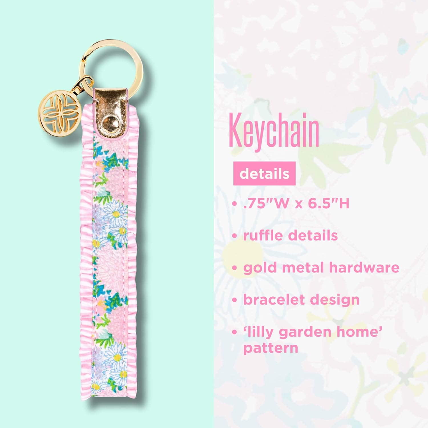 Lilly Pulitzer Cotton Strap Key Chain with Ruffle Edge, Cute Wristlet Keychain Accessory with Metal Ring and Logo Charm (Lilly Garden Home)
