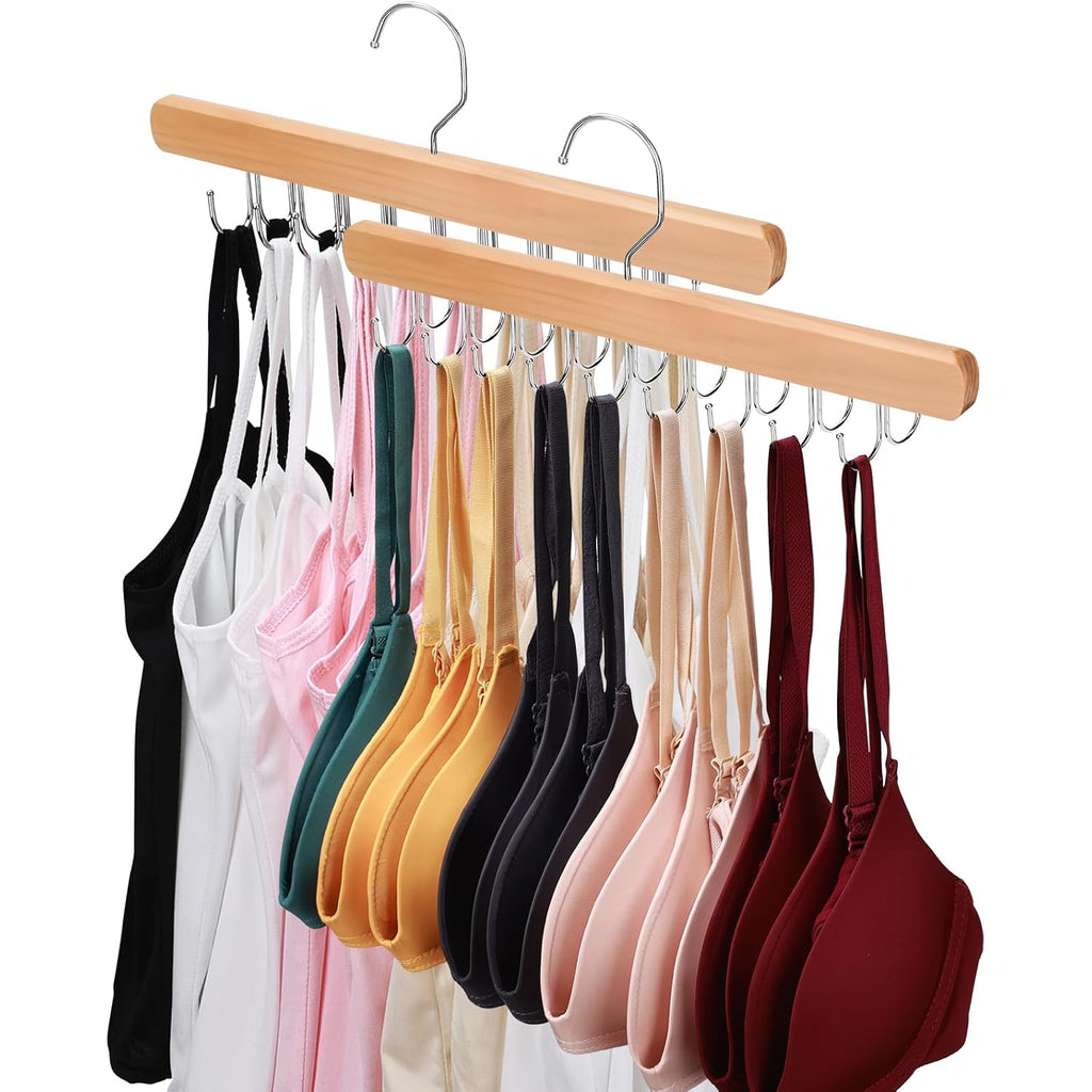 Necamocu 2 Pack Bra Hanger For Closet Organizer, Premium Tank Top Hangers | Wooden Bra Holder With 36 Foldable Hooks, 360° Rotating Design, Space Saving Storage For Tank Tops, Bras, Belts, And More