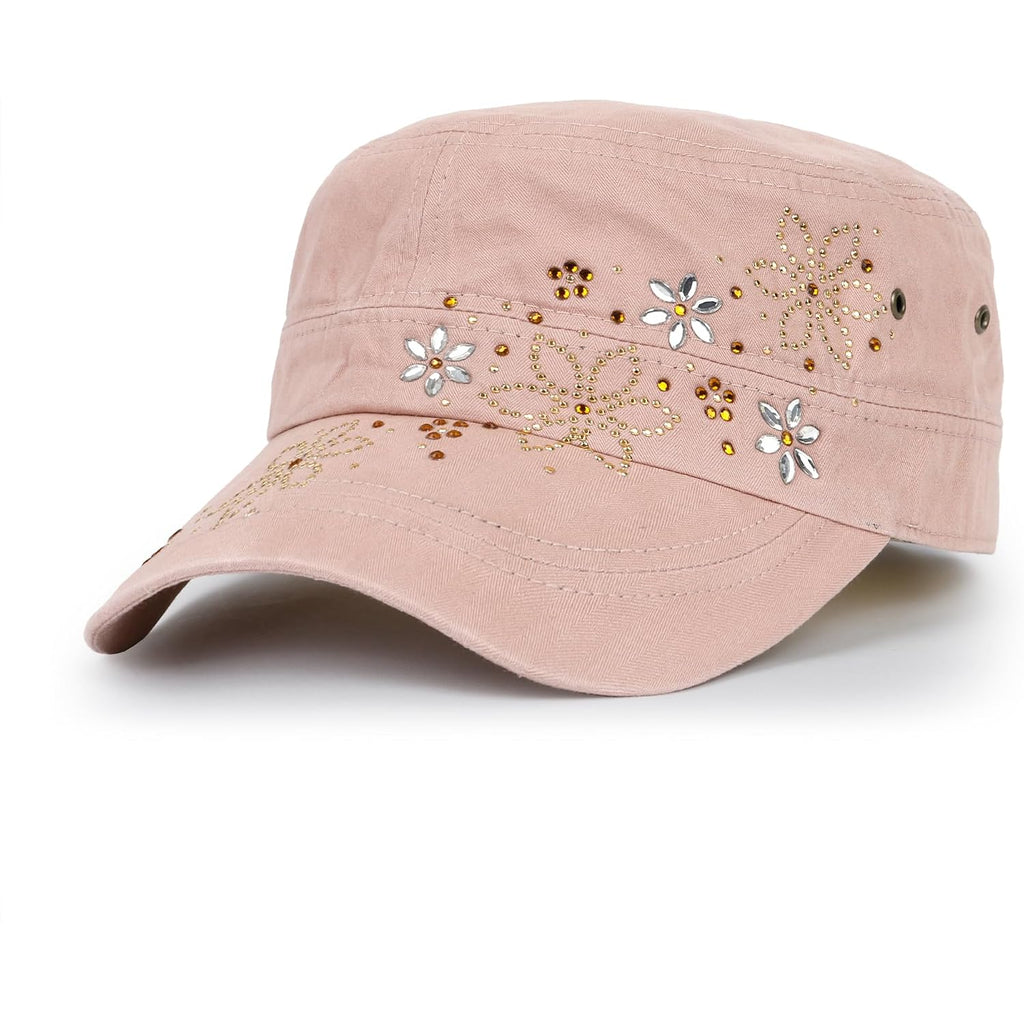 Ililily Rhinestone Cotton Cadet Cap Vintage Distressed Cotton Military Army Hat