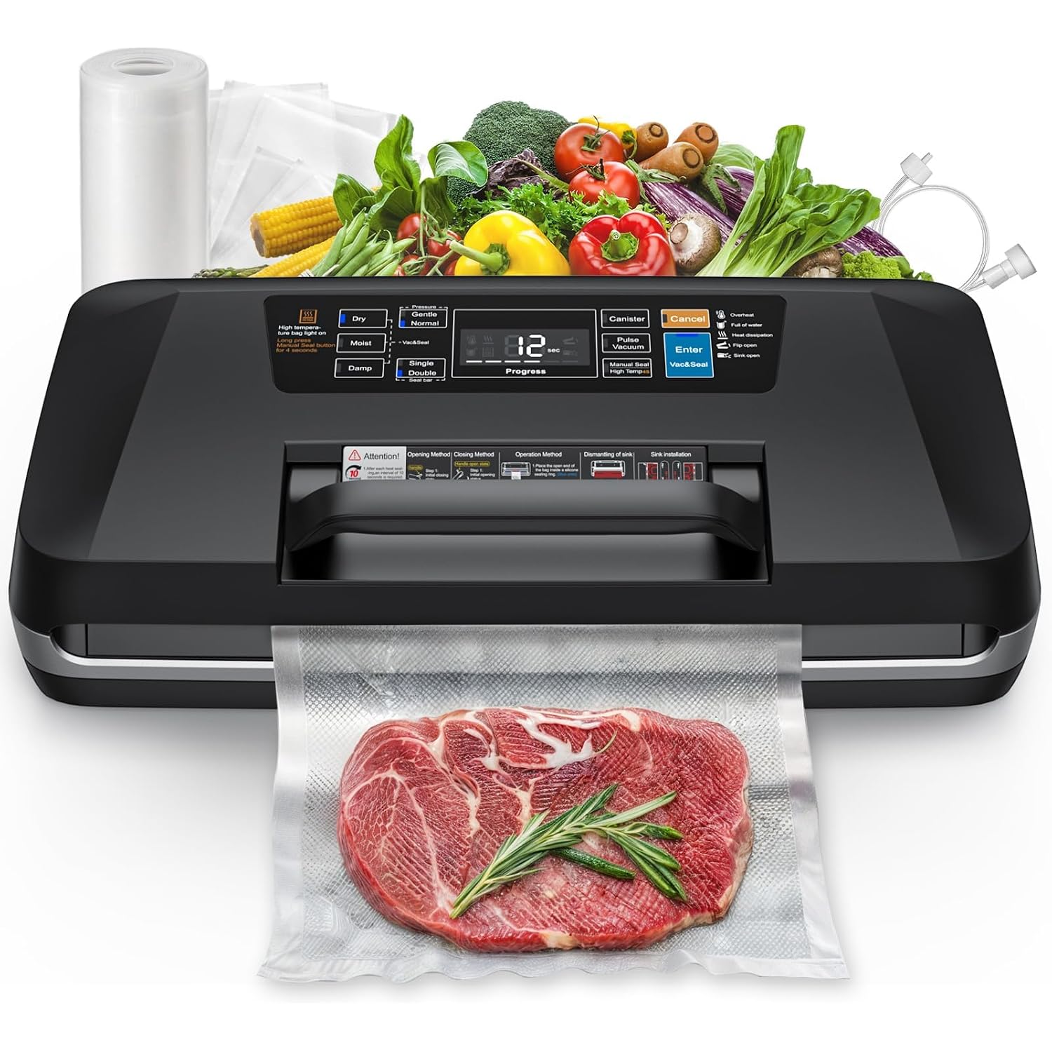 Vacuum Sealer Machine, Upgraded 230W 95Kpa 10-In-1 Food Sealer With Double Heat Seal For Dry Moist Food, Easy-Lock Handle, Hose, Built-In Cutter And Bag Storage + Bags (1 Roll + 10 Pre-Cut)