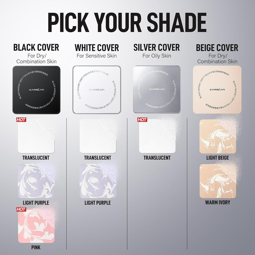 Carslan 2.0 Black Magnet Soft Focus Powder, Waterproof Translucent Pressed Setting Powder, 24H Longlasting Talc-Free Face Powder, Oil Control Compact Makeup,02 Translucent For Oily Skin, 0.28Oz
