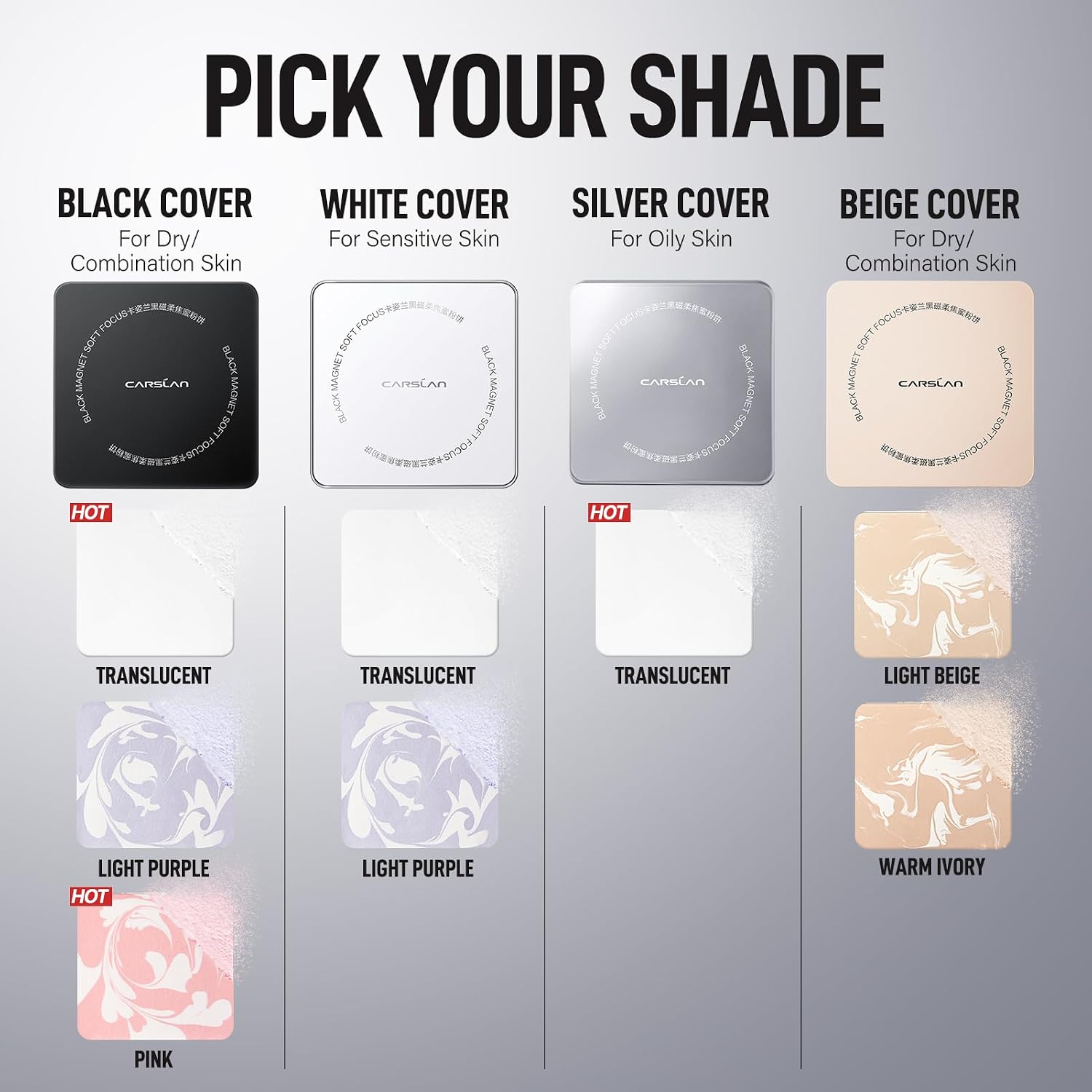 Carslan 2.0 Black Magnet Soft Focus Powder, Waterproof Translucent Pressed Setting Powder, 24H Longlasting Talc-Free Face Powder, Oil Control Compact Makeup,02 Translucent For Oily Skin, 0.28Oz
