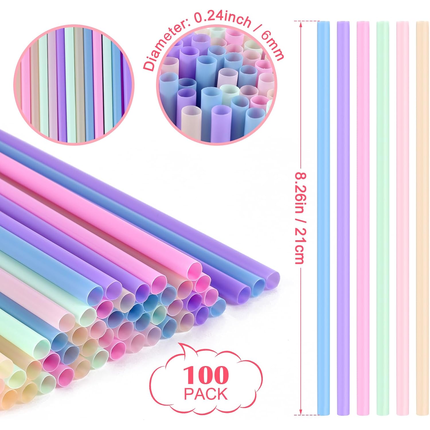 [100 Pcs] Colorful Disposable Plastic Drinking Straws - 8.26" Long & 0.24" Diameter Cute Straws For Juice,Coffee,Milk,Cocktail, Ideal For Bachelorette Party, Birthday Party, Bridal Shower, Baby Shower