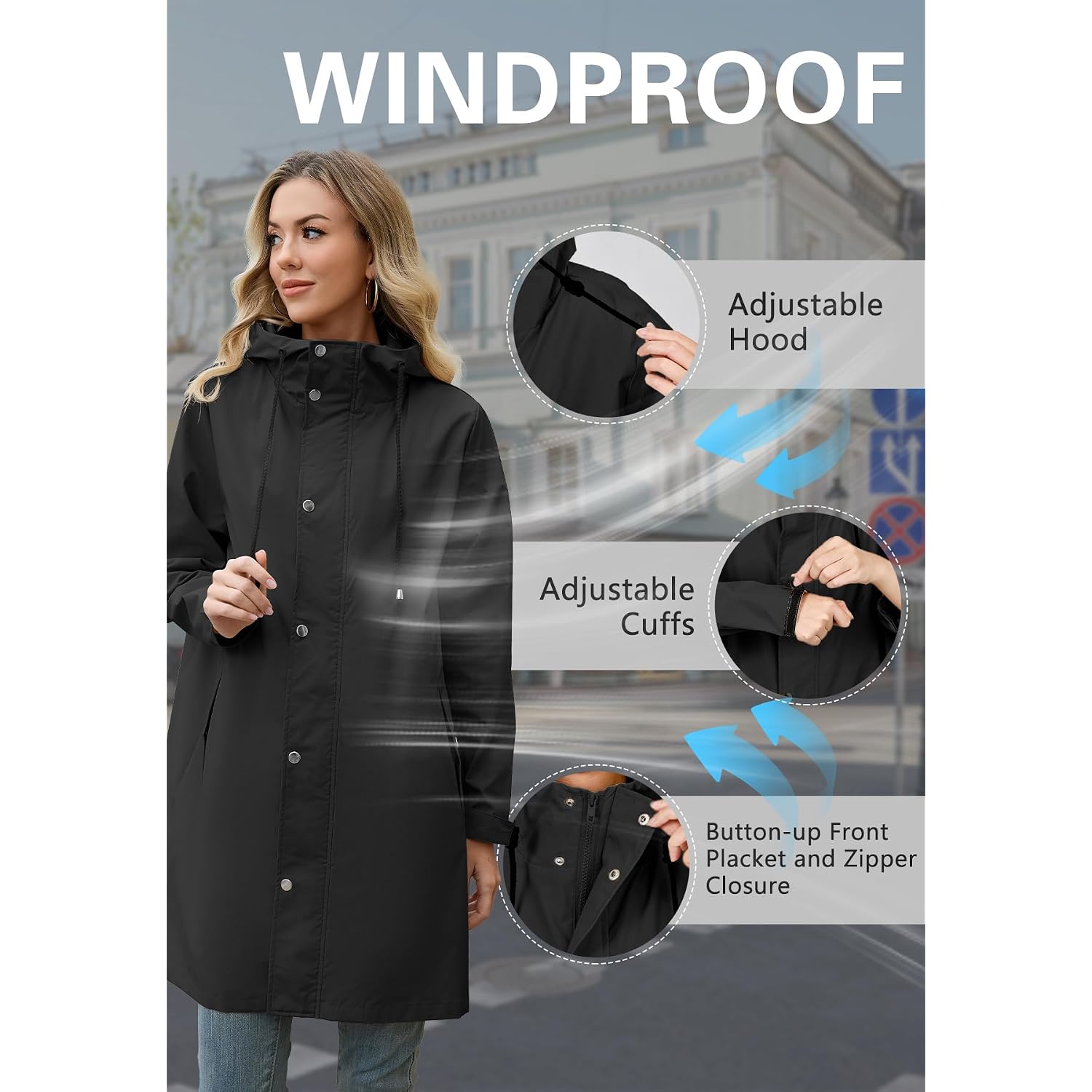 Zando Relaxed-Fit Long Packable Rain Jacket Women Waterproof Raincoat For Women With Hood Lightweight Outdoor Windbreaker