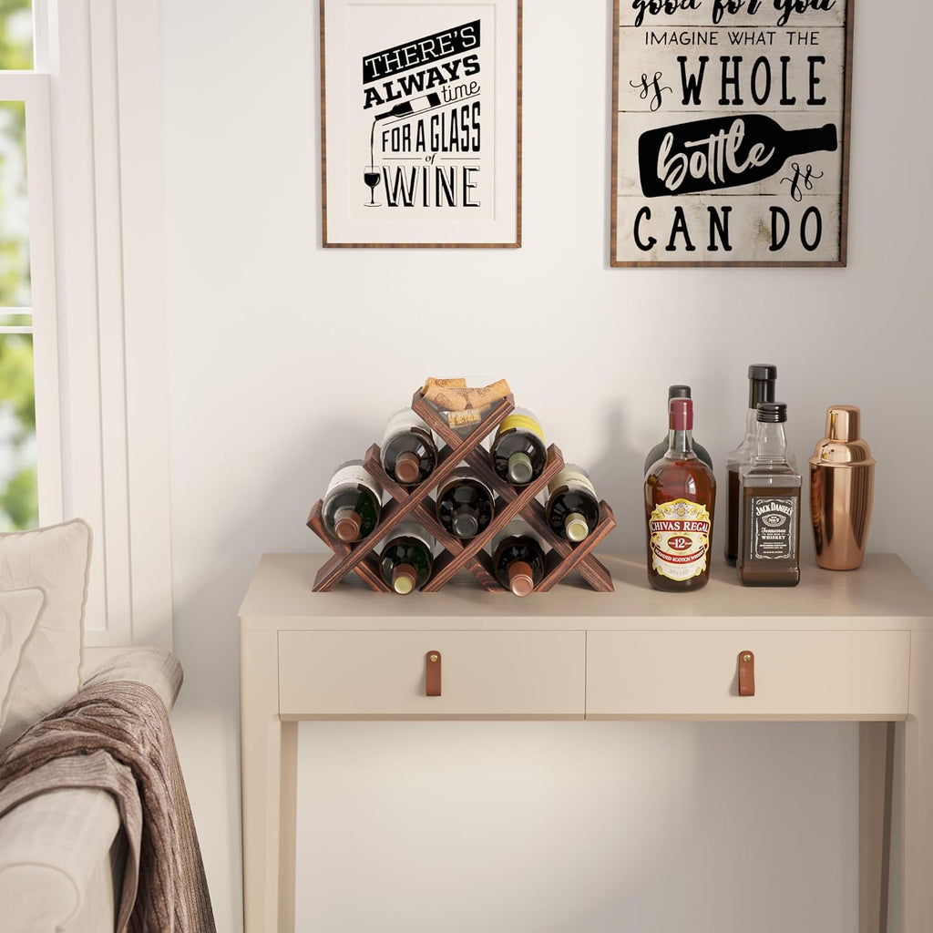 Alella Countertop Wood Wine Rack For 8 Bottles Holder And Cork Storage Tabletop Butterfly Sleek Design Freestanding Organizer - Home, Kitchen, Dining Room Bar Décor - Walnut