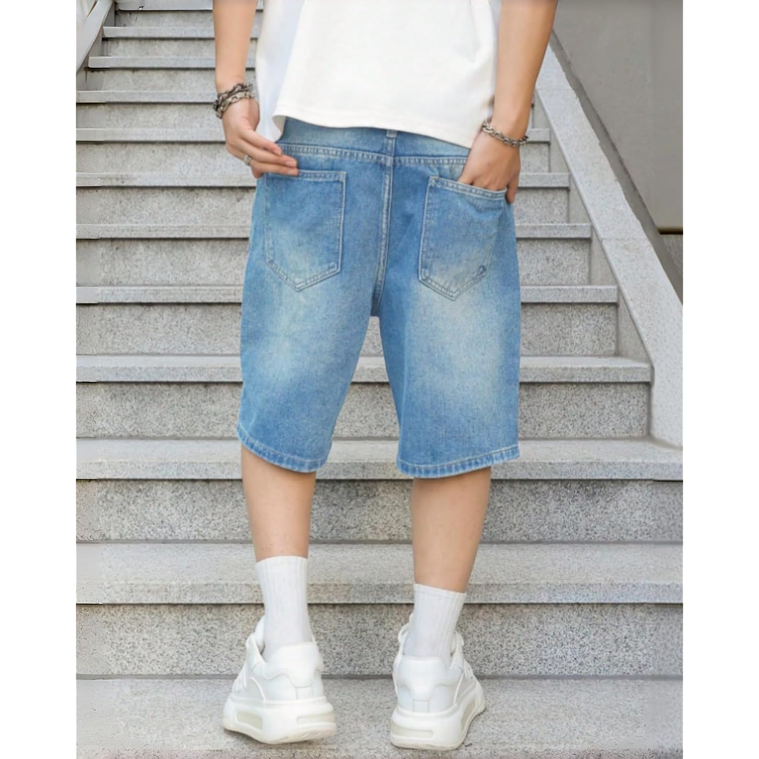 Mens Baggy Jean Shorts Loose Fit Vintage Wide Leg Jorts Y2K Streetwear Hip Hop Casual Long Denim Shorts