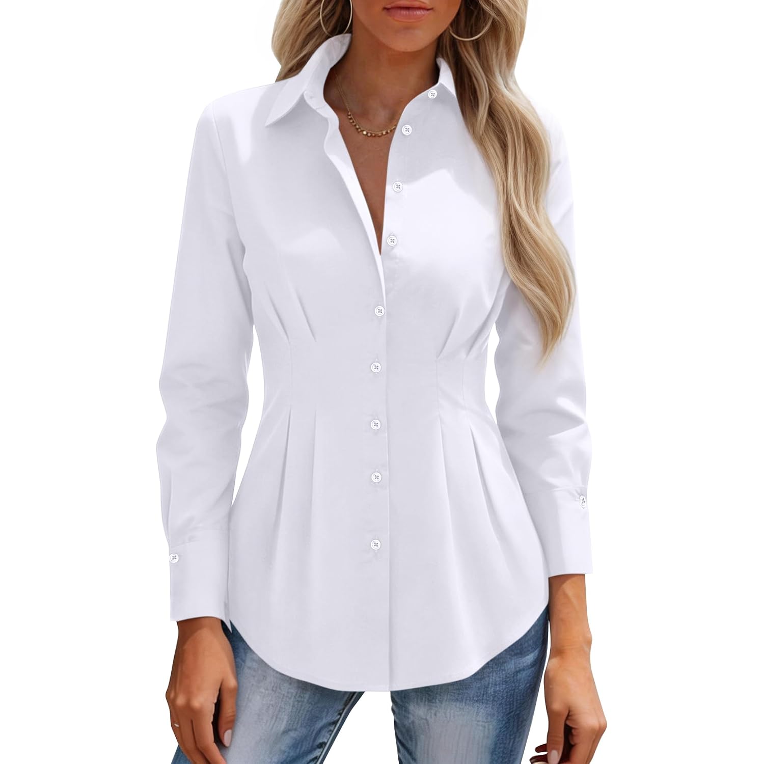 Siliteelon Button Down Shirts For Women Cinched Waist Dress Shirt Long Sleeve Cotton Blouse Business Casual Fitted Blouse Top