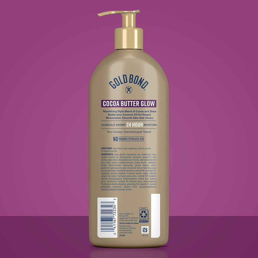 Gold Bond Cocoa Butter Glow Daily Hydrating Lotion With Cocoa Shea Butter & Coconut Oil, Exfoliating And Moisturizing Lotion For Dry Skin, 24 Oz