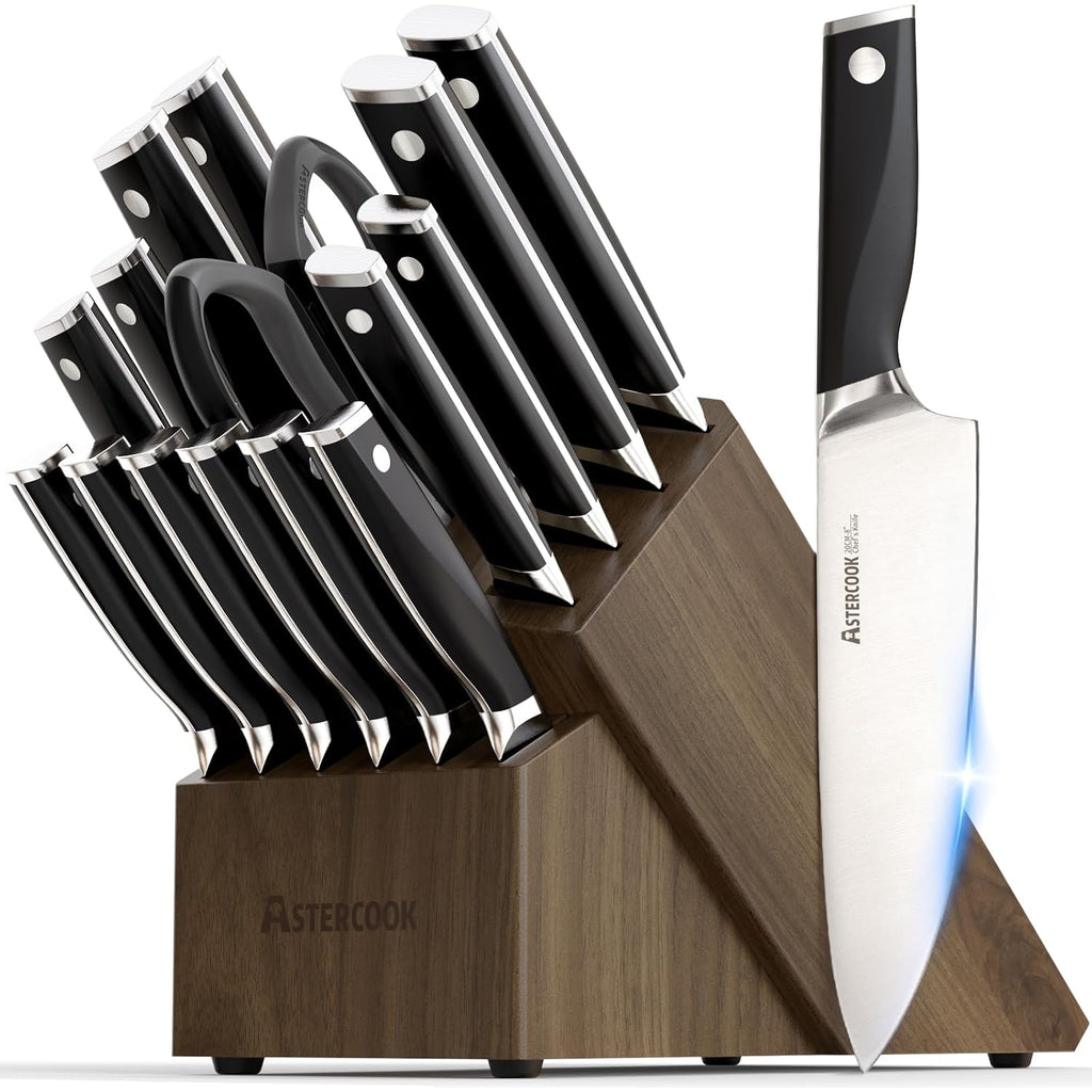 Astercook Knife Set, Kitchen Knives Set With Block And Sharpener Full Tang 17 Pcs German Stainless Steel Knives Sharp Blade Dishwasher Safe Premium Knife Set, Black Father Day Gifts For Men