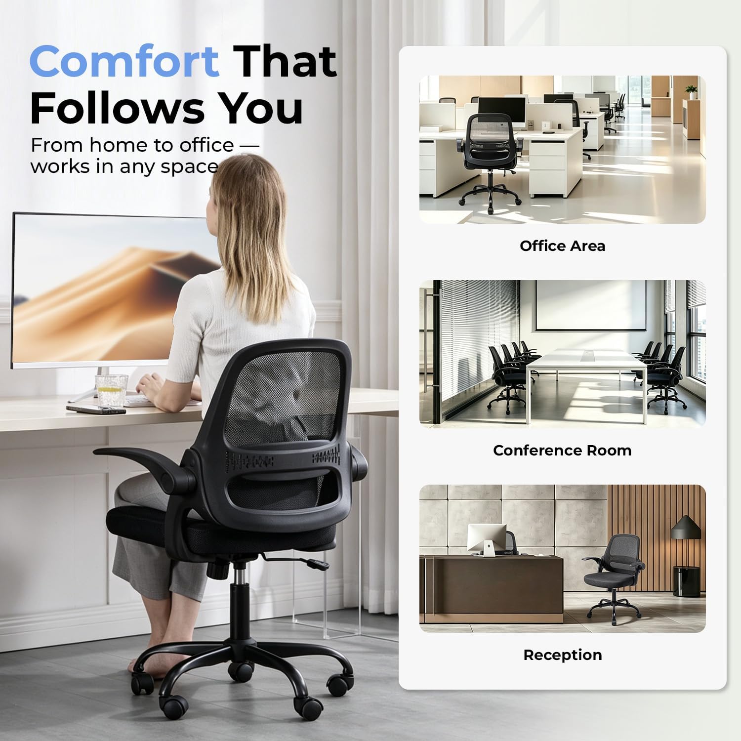 Ergonomic Mesh Office Chair For Home Office, Flip-Up Arms, Breathable Mesh Back & Thick Seat Cushion, Swivel Rolling Computer Desk Chair, Bifma Certified, Supports 300 Lbs (Black Frame/Black Seat)
