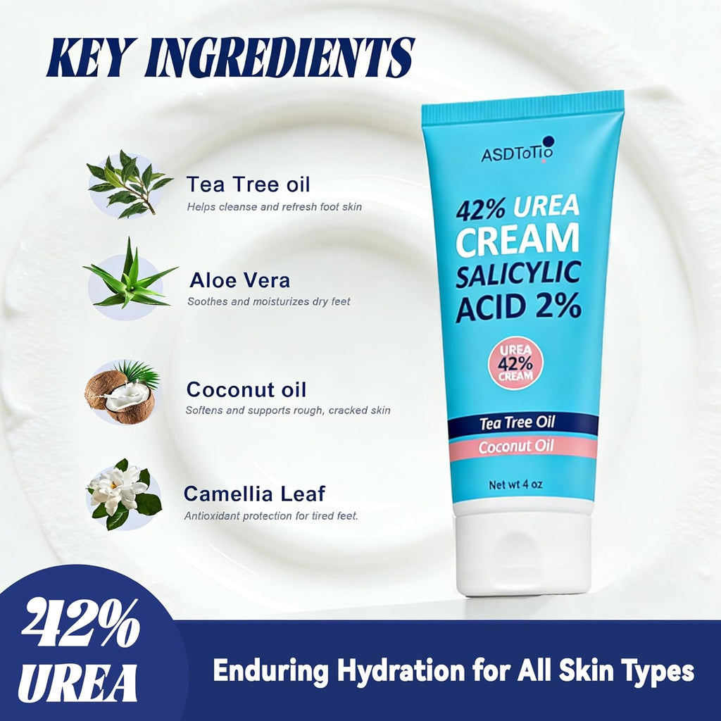 ASDToTio Urea Cream 42% - Foot Care for Dry Cracked Heels, Foot Lotion - With 2% Salicylic Acid, Tea Tree Oil, Shea Butter, Aloe Vera - For Feet, Hands, Heels, Elbows, Knees and More - 4 oz