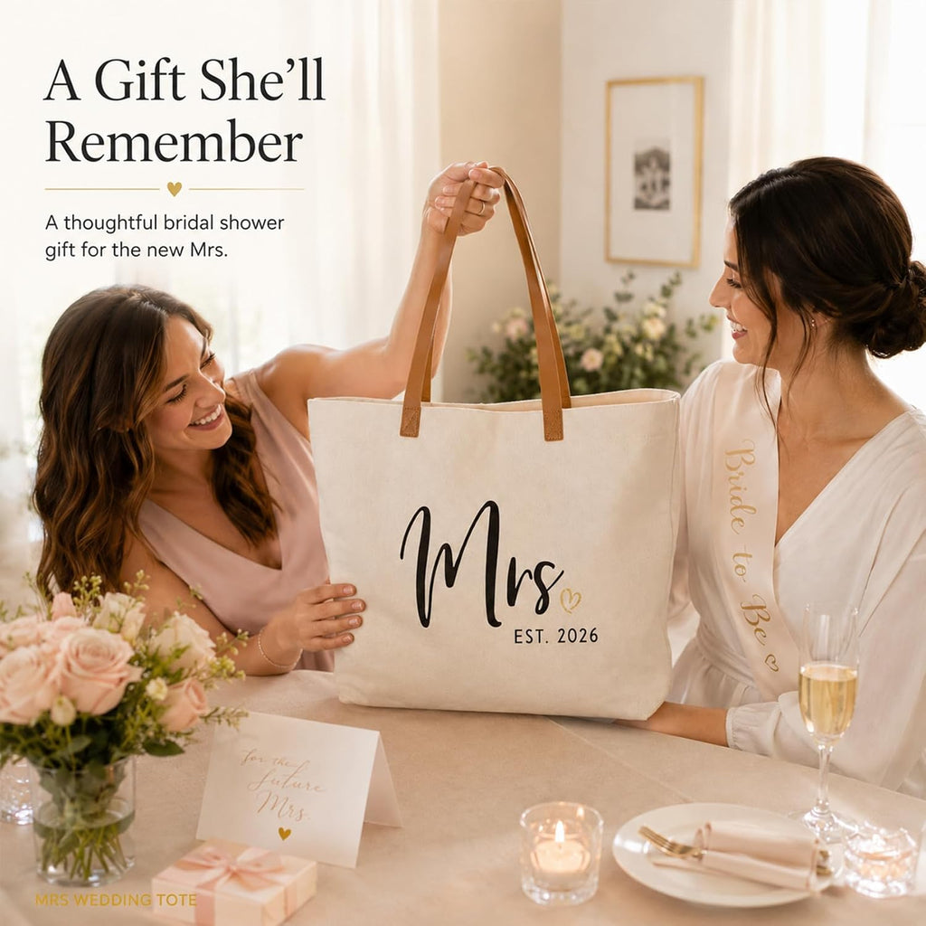 Elegantpark Mrs Gifts For Bride 2026 - Large Canvas Wedding Tote Bag With Zipper, Bridal Shower Gift For Bride To Be, Bachelorette Party Honeymoon Beach Bag