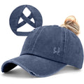 Womens Criss Cross Ponytail Baseball Cap Distressed Ponytail Hat High Messy Bun Trucker Ponycap for Outdoor Sports Navy Blue