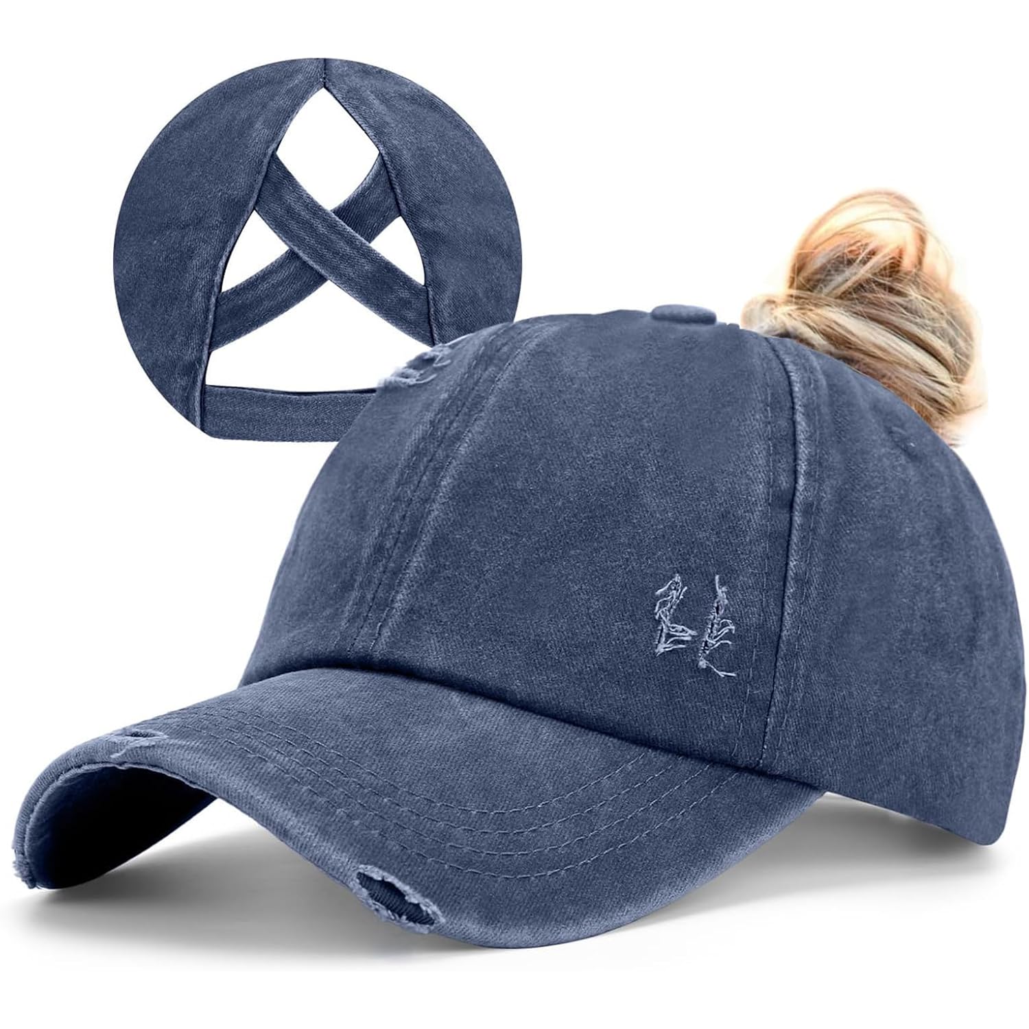 Womens Criss Cross Ponytail Baseball Cap Distressed Ponytail Hat High Messy Bun Trucker Ponycap for Outdoor Sports Navy Blue