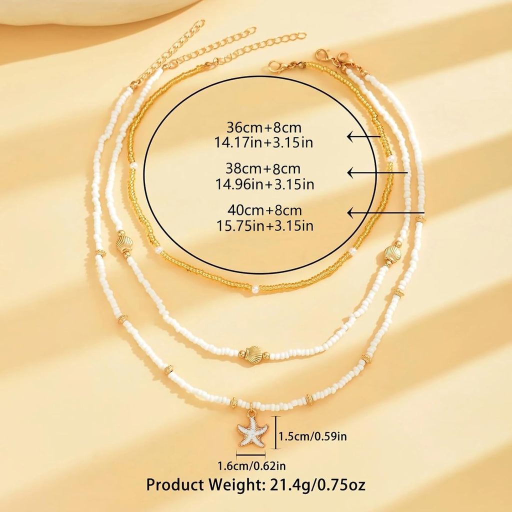 Shell Starfish Necklace for Women, 14k Gold Plated Boho Layered Beaded Charm Pendant Necklace, Dainty Adjustable Pearl Conch Summer Beach Vacation Jewelry Gifts