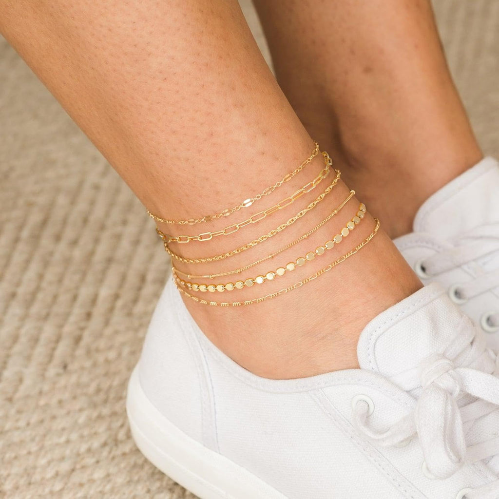 Tewiky Waterproof Ankle Bracelets for Women, 14K Real Gold Plated Anklets for Women 6PCS Anklet Set Dainty Summer Beach Jewelry