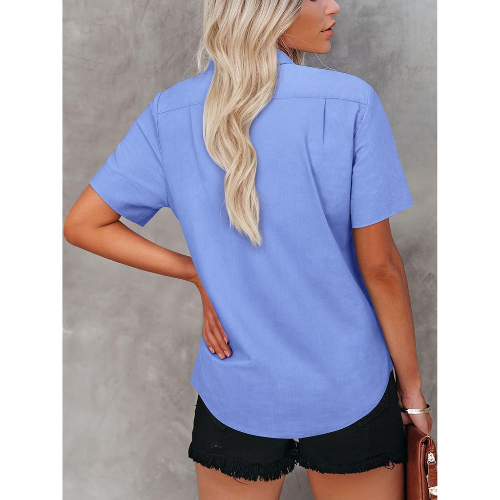 Womens Button Down Shirts Short Sleeve Summer Oxford V Neck Collared Button Up Casual Blouses Tops With Pocket