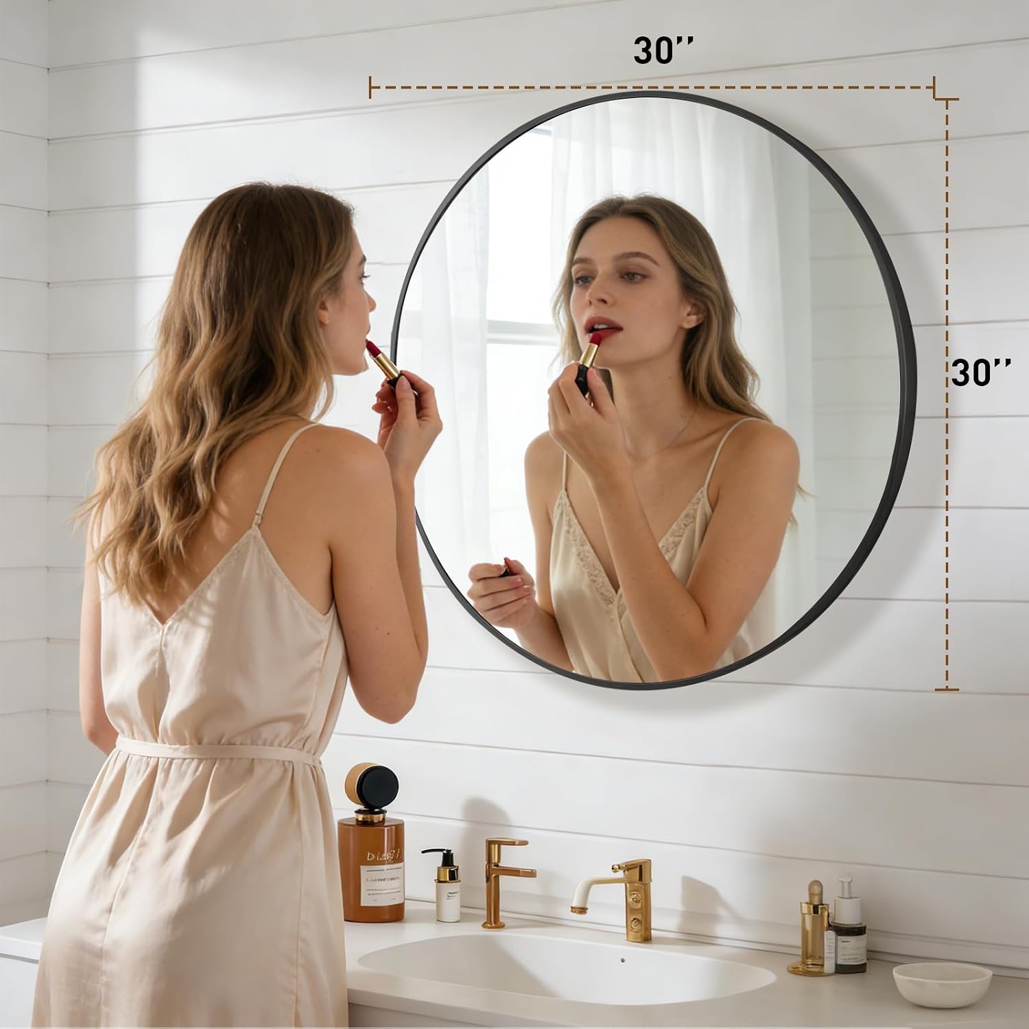 Newbulig 30 Inch Round Wall Mirror, Bathroom Mirrors For Over Sink, Matte Metal Framed Circle Vanity Mirror, Wall Decor For Bedroom, Entryway, Anti-Rust, Tempered Glass, Hanging Or Leaning, Black