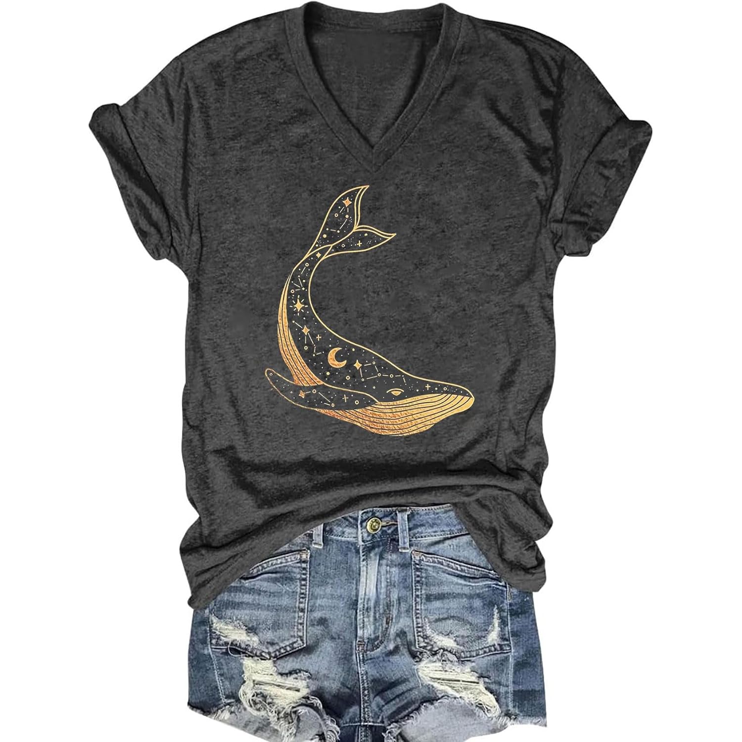 Women's T-Shirts V-Neck Summer Graphic Tee Vintage Boho Flowers Short Sleeve T Shirt Tops E-dark Gray2