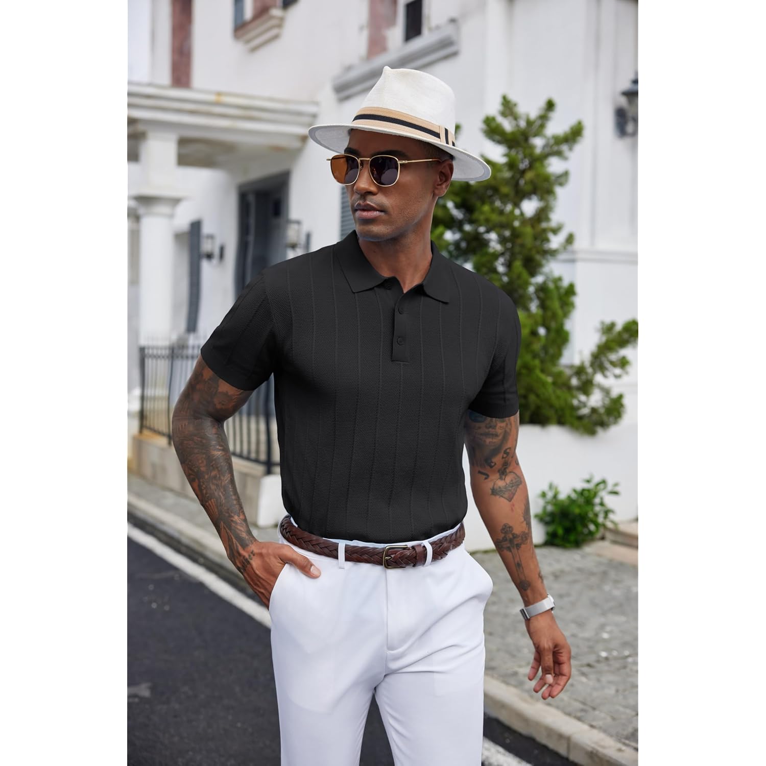 Coofandy Mens Knit Polo Shirts Short Sleeve Ribbed Textured Polo Shirt Lightweight Casual Golf Shirts Collared T Shirt