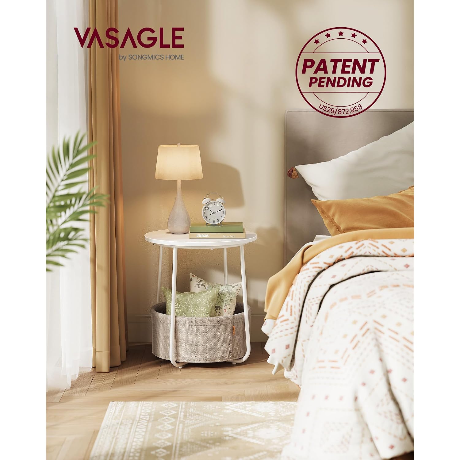 Vasagle Lilea Collection - Small Round Side End Table, Modern Nightstand With Fabric Basket, Matte White And Camel Brown Ulet223W10