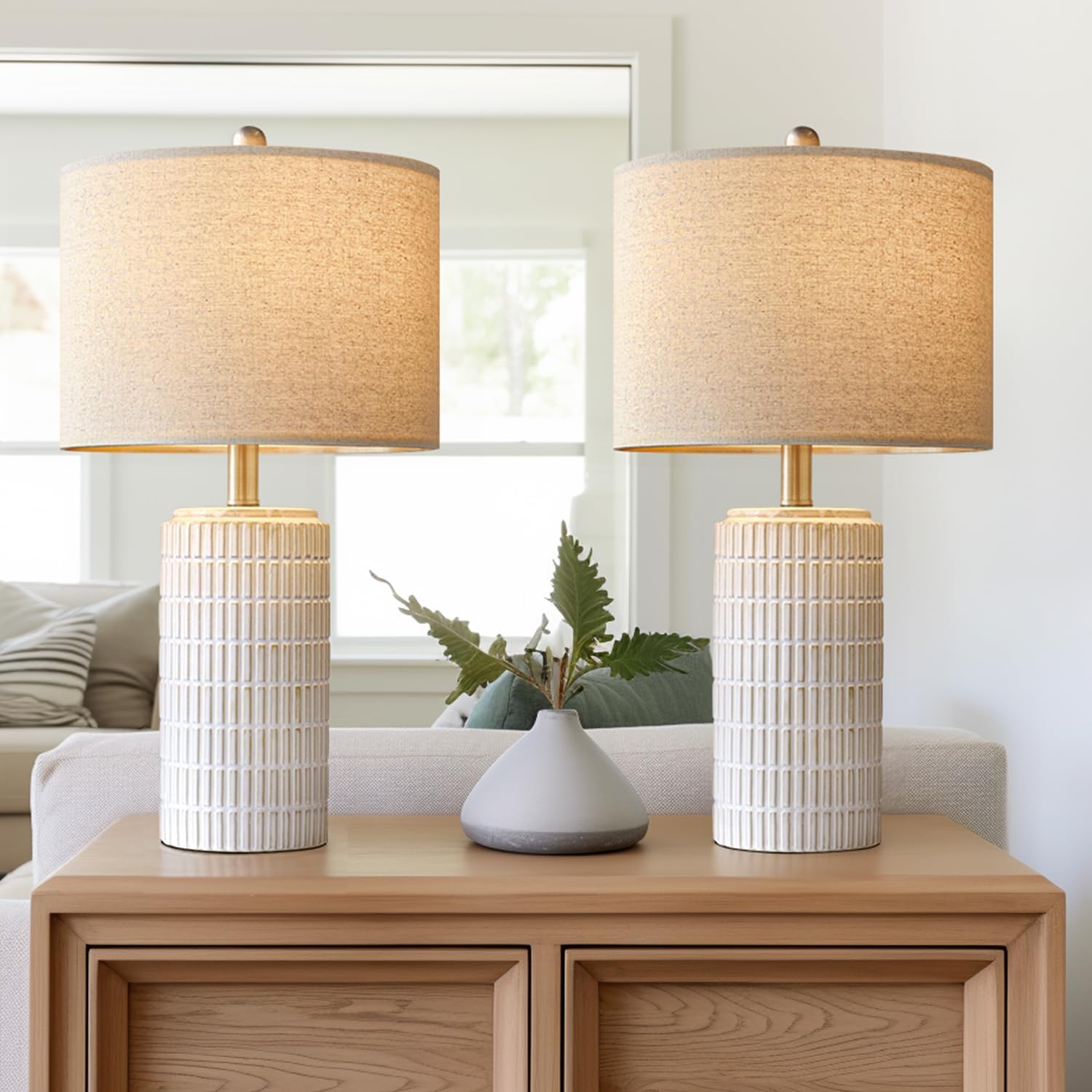 Pokat 23" Modern Ceramic Table Lamp Set Of 2 For Living Room White Desk Lamps For Bedroom Farmhouse Bedside Nightstand Lamp House Warming Gifts New Home Decor End Table Lamps Gifts For Women Mom Beige
