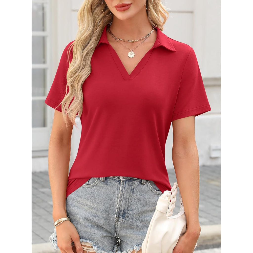 Women's Polo Shirts Short Sleeve V Neck Summer Tops Business Casual Collared Shirts Loose Tees