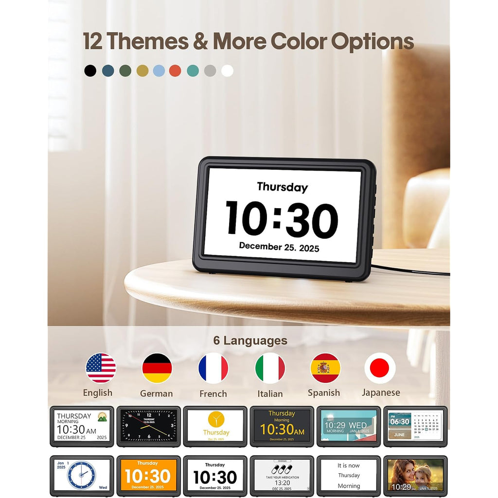 Clock With Day And Date For Elderly, 7" Large Display Digital Calendar Day Clock With 20 Custom Alarms And Medicine Reminders, Dimmable Dementia Alzheimers Clocks For Seniors, Black (Ac Powered)