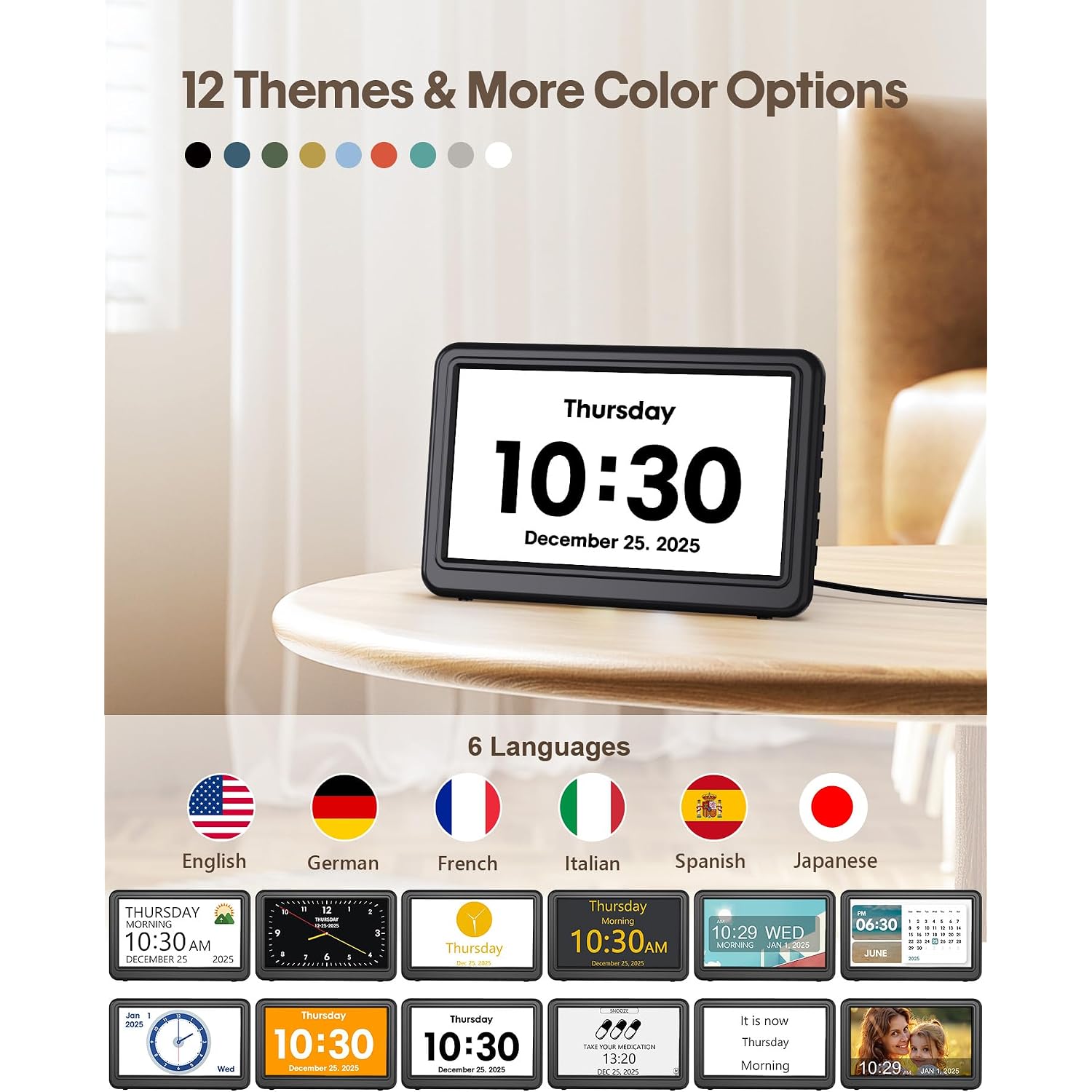 Clock With Day And Date For Elderly, 7" Large Display Digital Calendar Day Clock With 20 Custom Alarms And Medicine Reminders, Dimmable Dementia Alzheimers Clocks For Seniors, Black (Ac Powered)