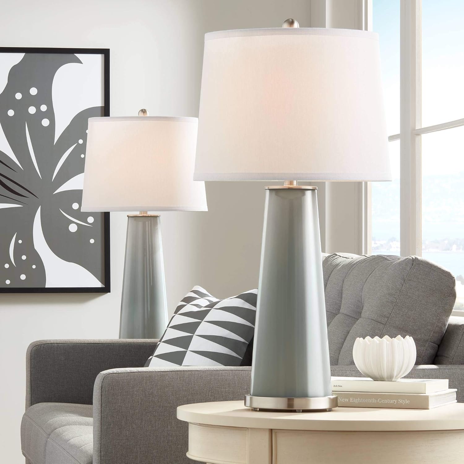 Leo 29 1/2" Tall Table Lamps Set Of 2 Gauntlet Gray Glass Modern | Living Room Bedroom Bedside Nightstand House Office Home Reading Kitchen Entryway Console White Shade End