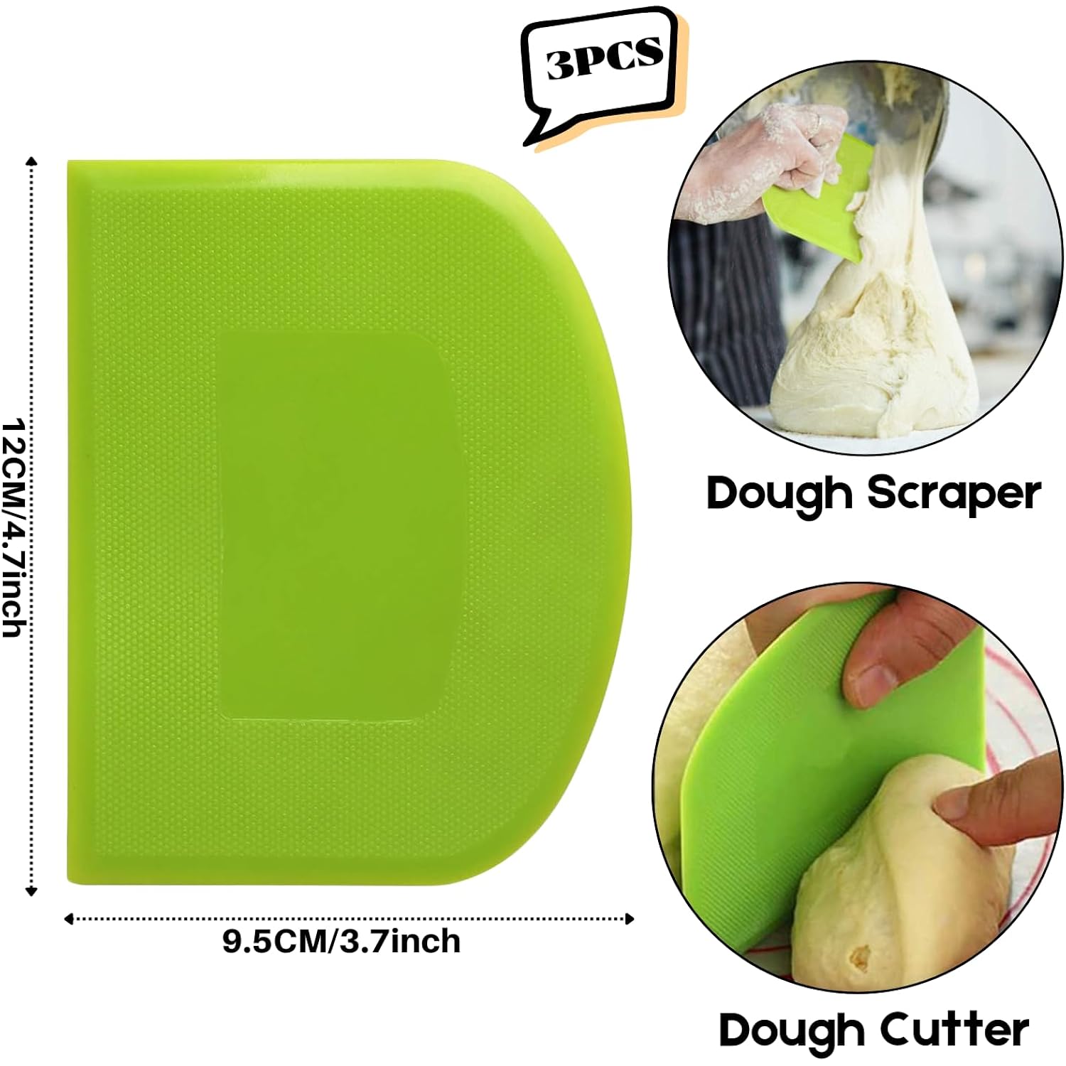 Surdoca Dough Scraper Bench Scraper - 3P 4.7X3.7" Plastic Flexible Bowl Scraper, Sharp Edge & Angles Cake Scraper. Non-Slip Bakeware Decorating Tools Sculpting & Modeling Tools - Green+White+Green