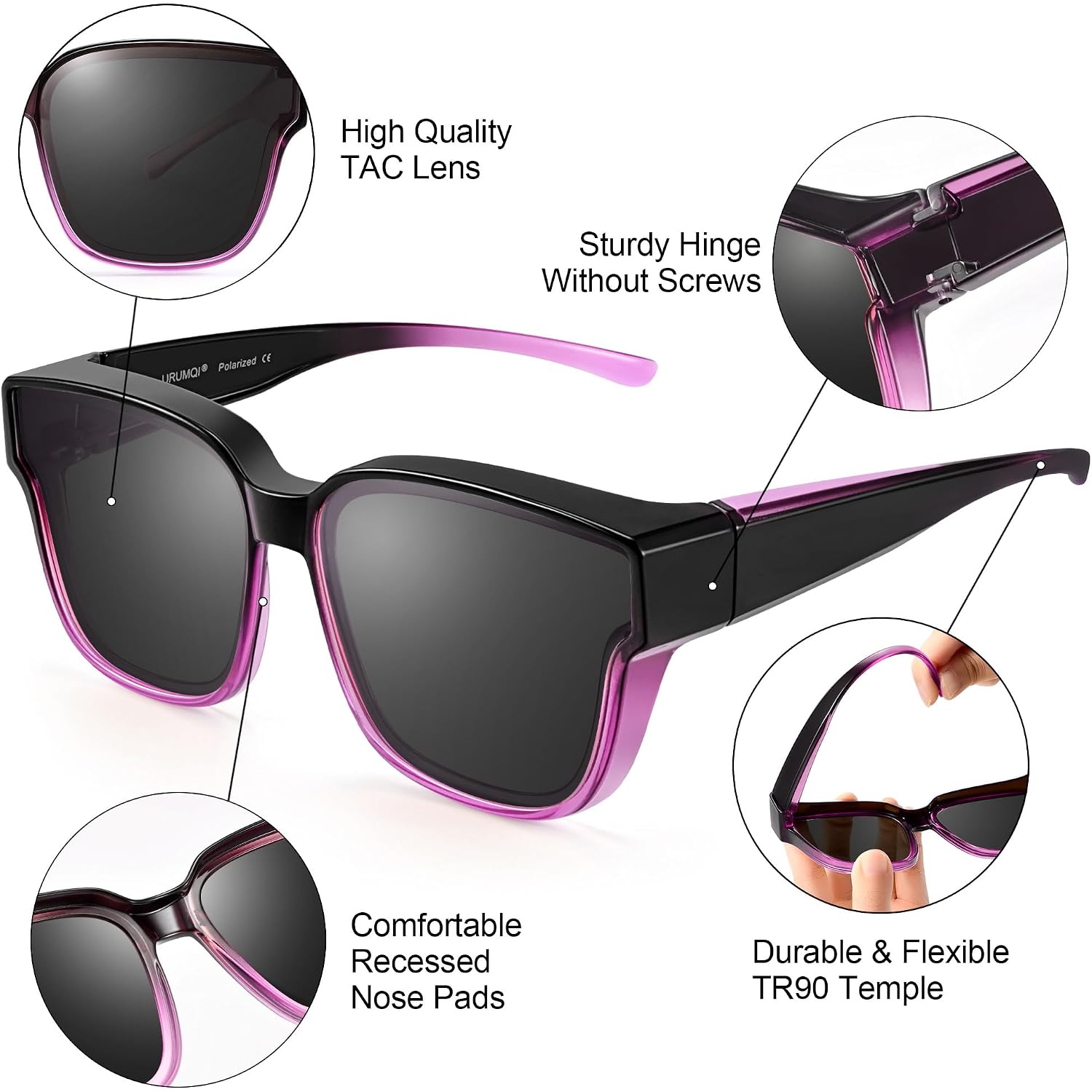 Polarized Sunglasses Fit Over Glasses for Women, UV400 Protection Trendy Square Womens Mens Shades Sun Glasses A04 Gradient Purple Frame/Grey Lens