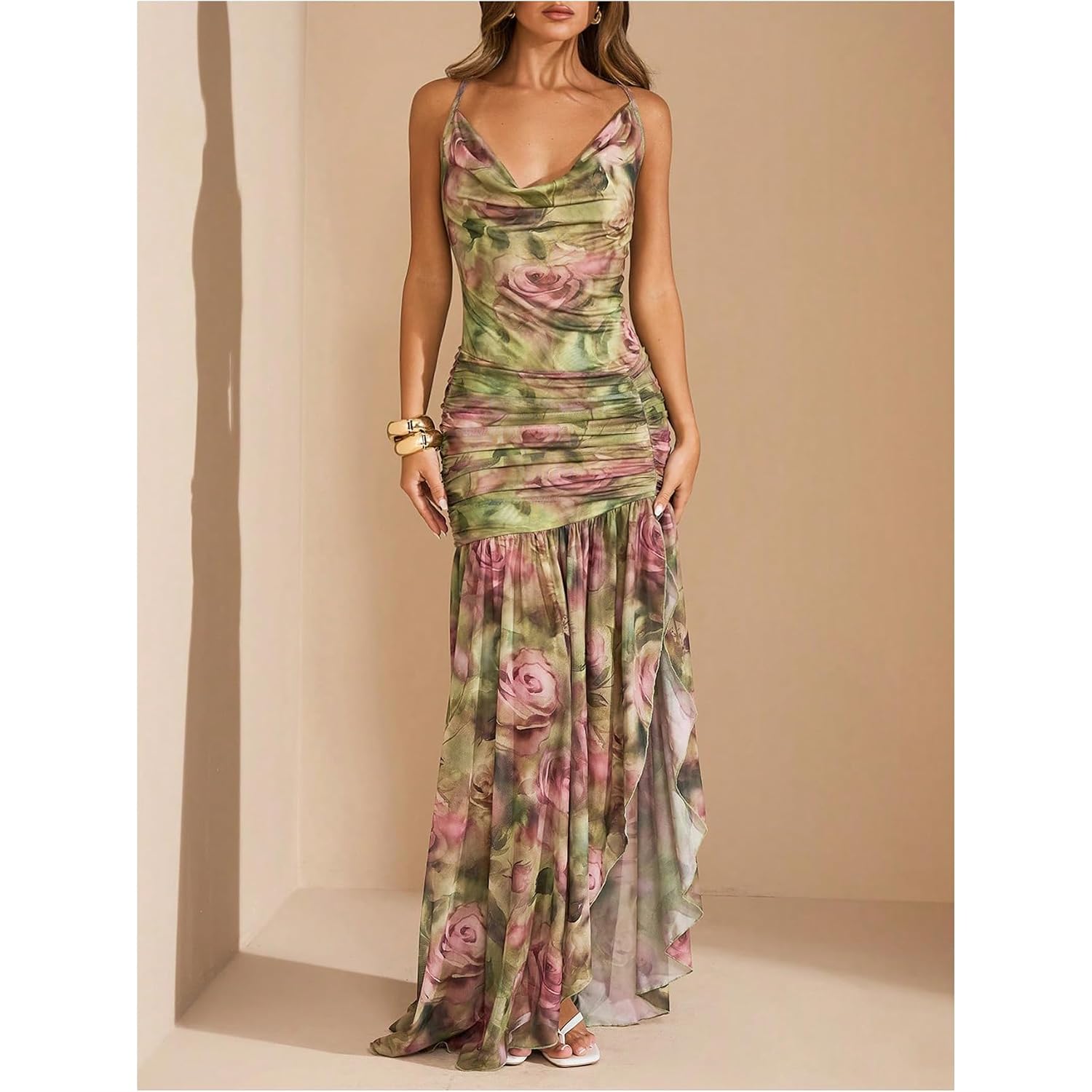 Floerns Women'S Floral Cowl Neck Halter Dress Sleeveless Split Ruffle Vacation Maxi Dresses