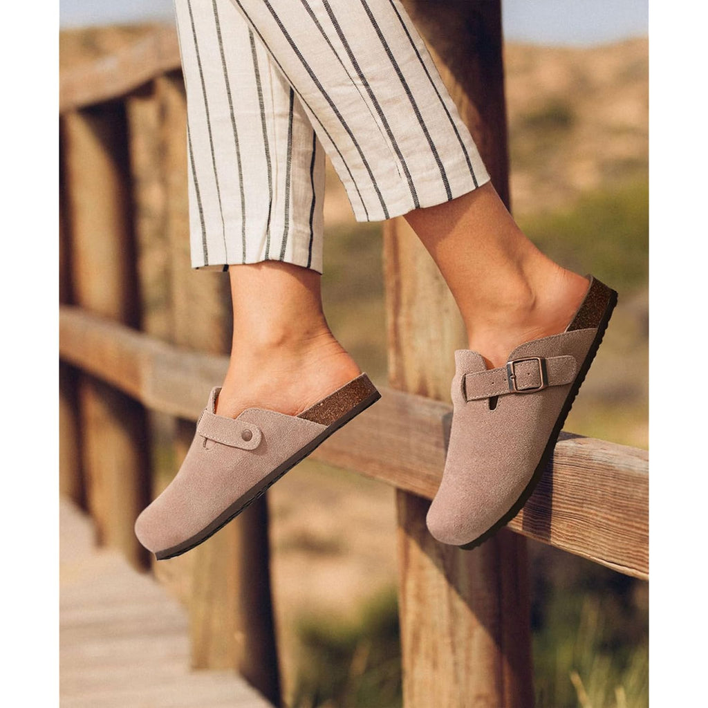 Kidmi Genuine Suede Clogs For Women Men Cork Footbed Sandals Leather Mules Potato Shoes With Arch Support
