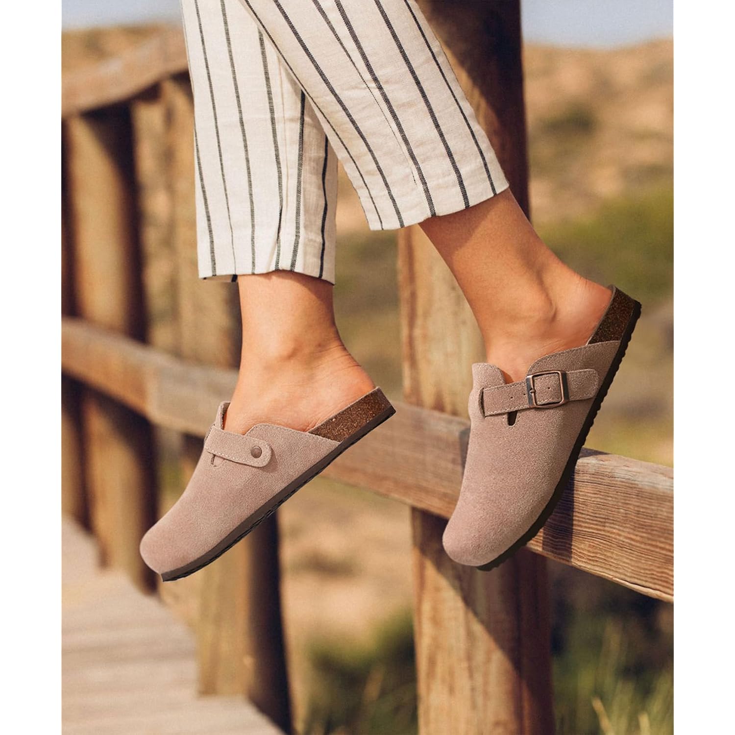 Kidmi Genuine Suede Clogs For Women Men Cork Footbed Sandals Leather Mules Potato Shoes With Arch Support