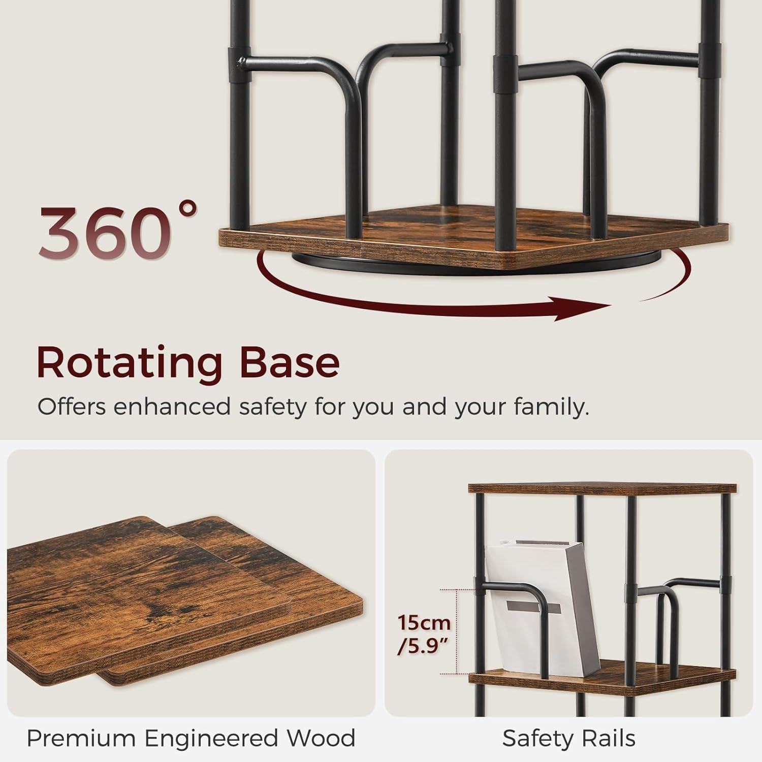 Mahancris 5-Tier Rotating Bookshelf, Freestanding Corner Bookshelf, 360° Spinning Bookcase, Industrial Style Storage Rack With Rails, For Living Room, Bedroom, Study, Rustic Brown And Black Bkhr1601