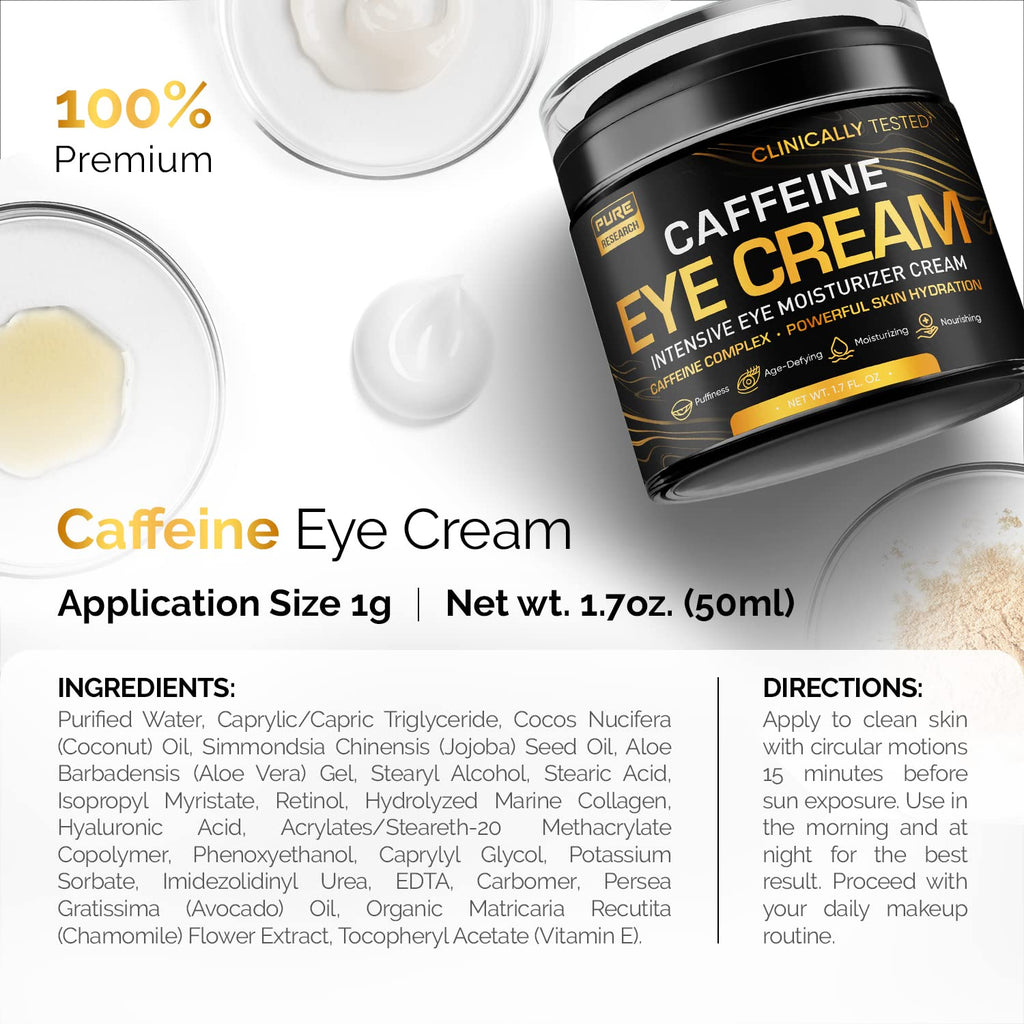 Pure Research Caffeine Eye Cream For Anti Aging, Dark Circles, Bags, Puffiness. Great Under Eye Skin + Face Tightening, Eye Lift Treatment For Men & Women 1.7Oz