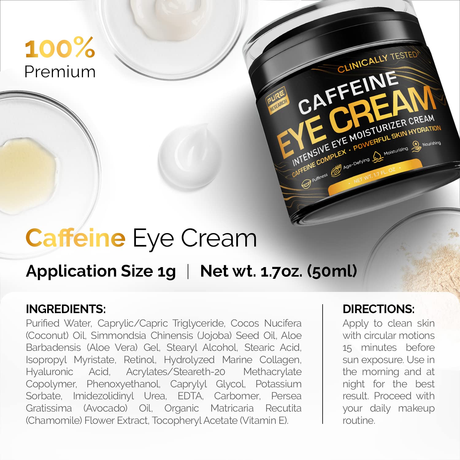 Pure Research Caffeine Eye Cream For Anti Aging, Dark Circles, Bags, Puffiness. Great Under Eye Skin + Face Tightening, Eye Lift Treatment For Men & Women 1.7Oz