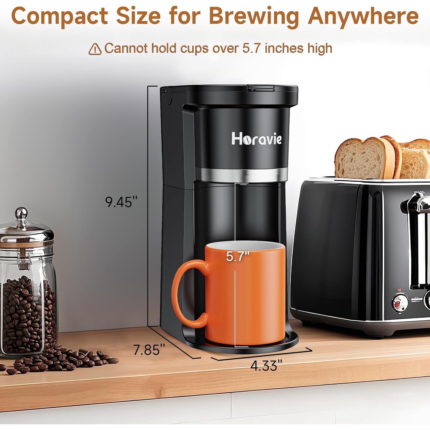 Horavie Small Single Serve Coffee Maker, Fast Brew One Cup Coffee Machine For K Cup And Grounds, 6 To 12 Oz. Brew Sizes, Pod Coffee Maker With Descaling Reminder And Viewing Tank, Black