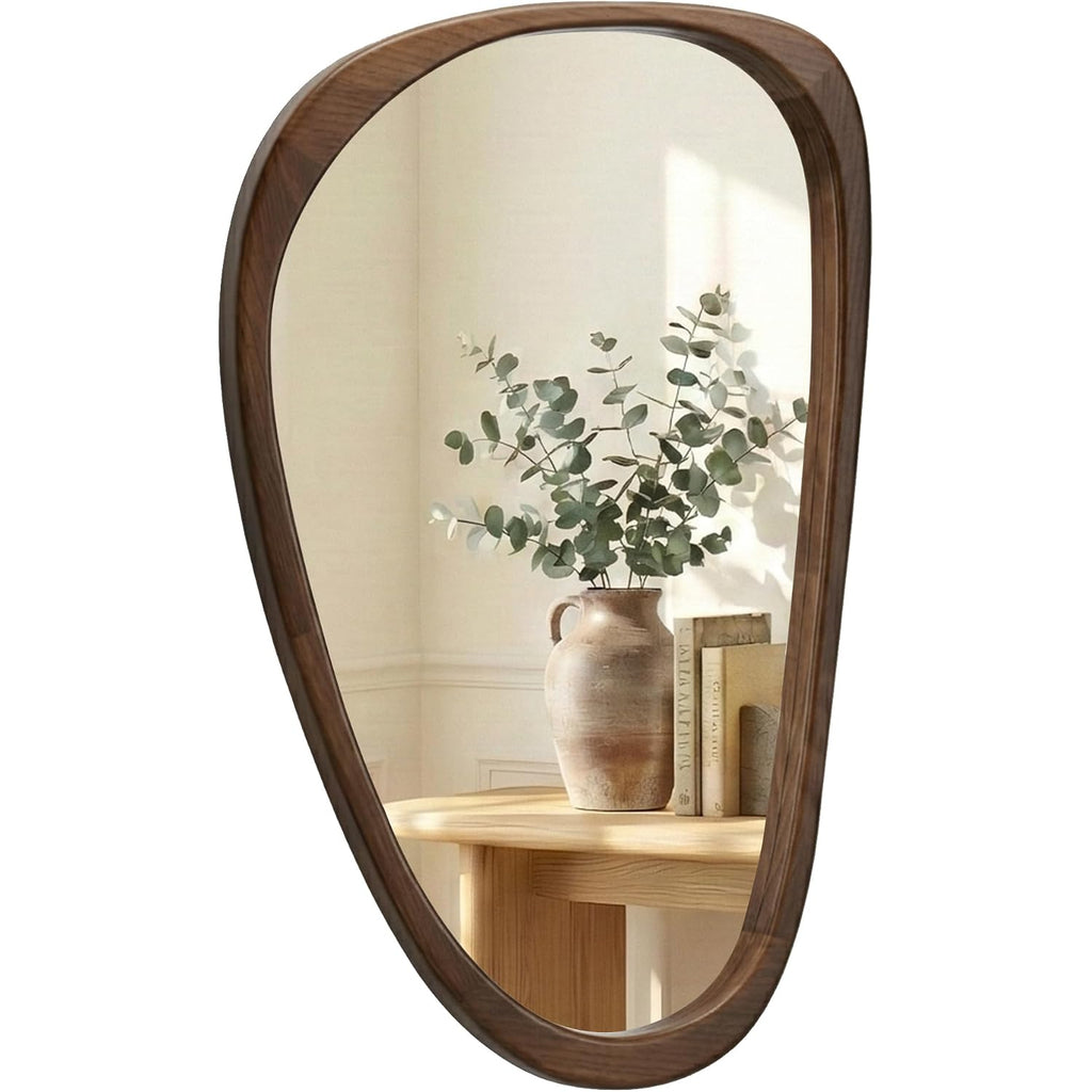 Solid Wood 30"X20" Dark Walnut Organic Irregular Wall Mirror Decor | Rich Grain And Asymmetrical Shape Add Mcm Warmth To Entryways, Hallway Walls, Powder Rooms, Console Tables, Small Spaces