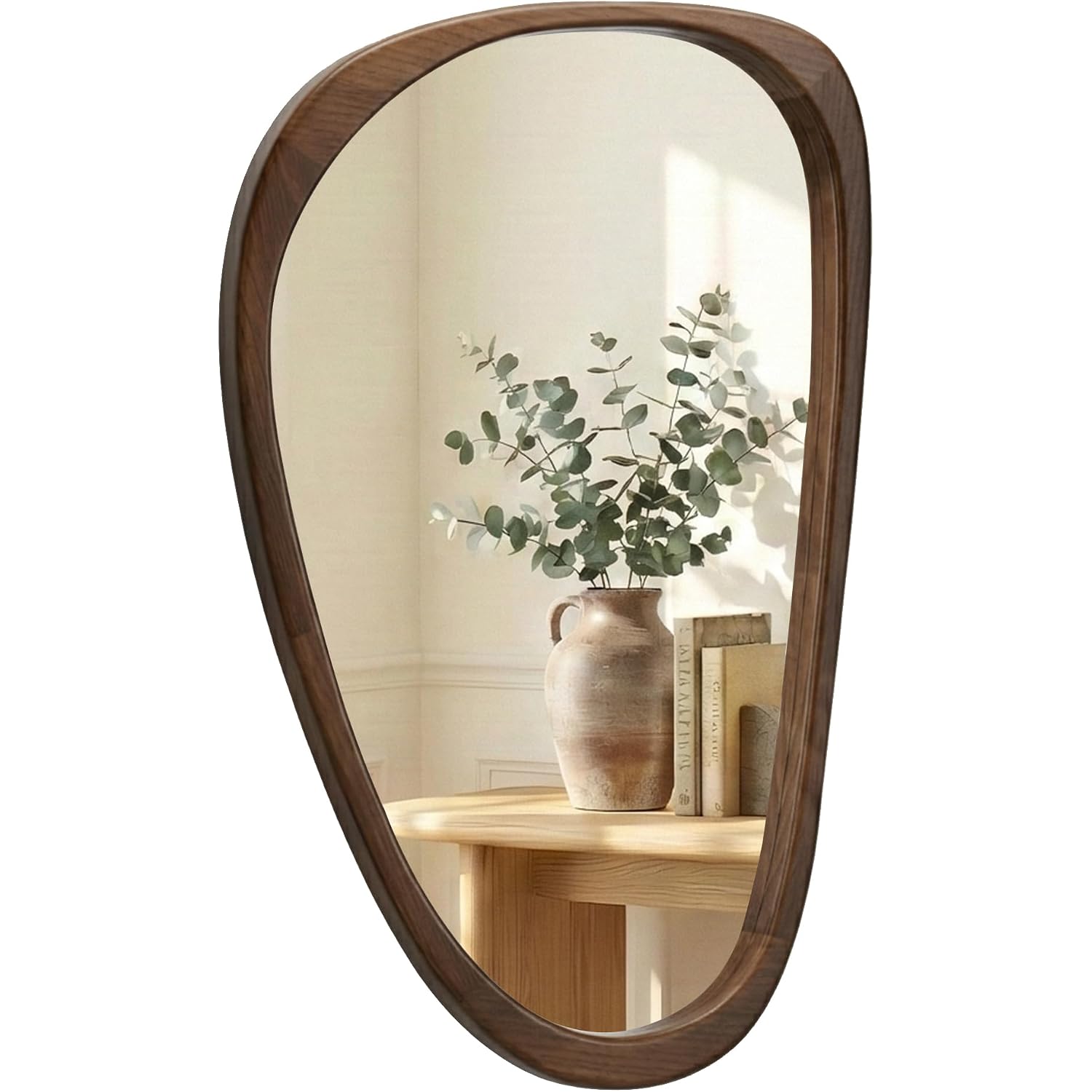 Solid Wood 30"X20" Dark Walnut Organic Irregular Wall Mirror Decor | Rich Grain And Asymmetrical Shape Add Mcm Warmth To Entryways, Hallway Walls, Powder Rooms, Console Tables, Small Spaces