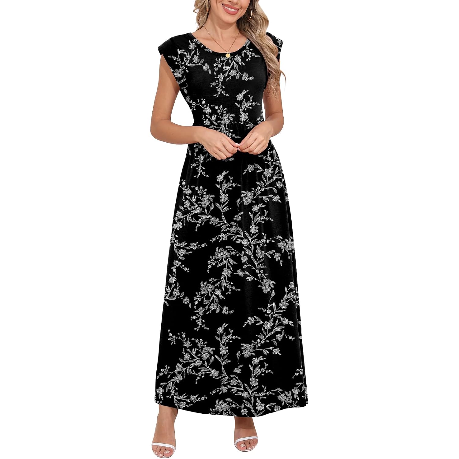 Db Moon Womens 2026 Maxi Dresses Empire Waist Long Summer Dress Casual Cap Short Sleeve Sundress With Pockets