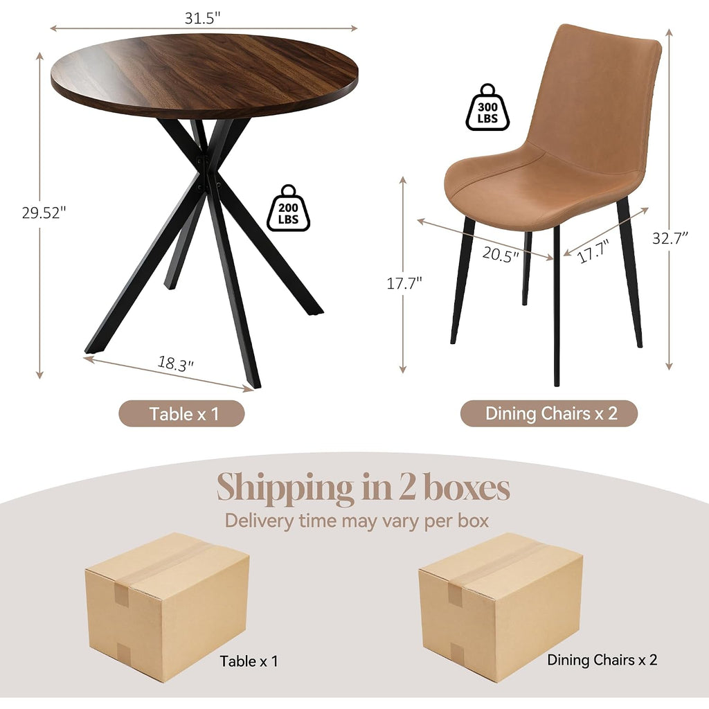31.5" Round Dining Table And Chairs Set For 2, Small Dining Table Chairs Set Space-Saving, Small Dinette Sets For 2 For Kitchen Dining Room Apartment(Walnut Table + Brown Chairs)